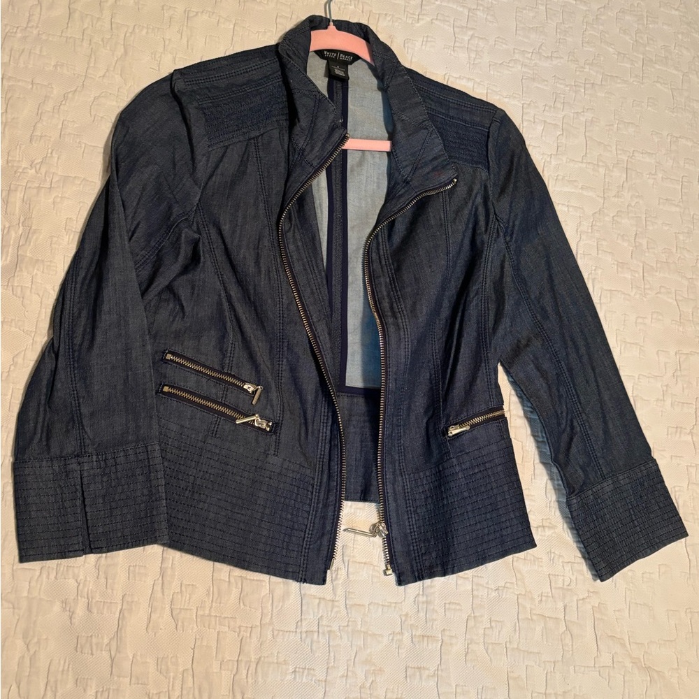 White House Black Market Blue Jean Jacket with Notched Lapel